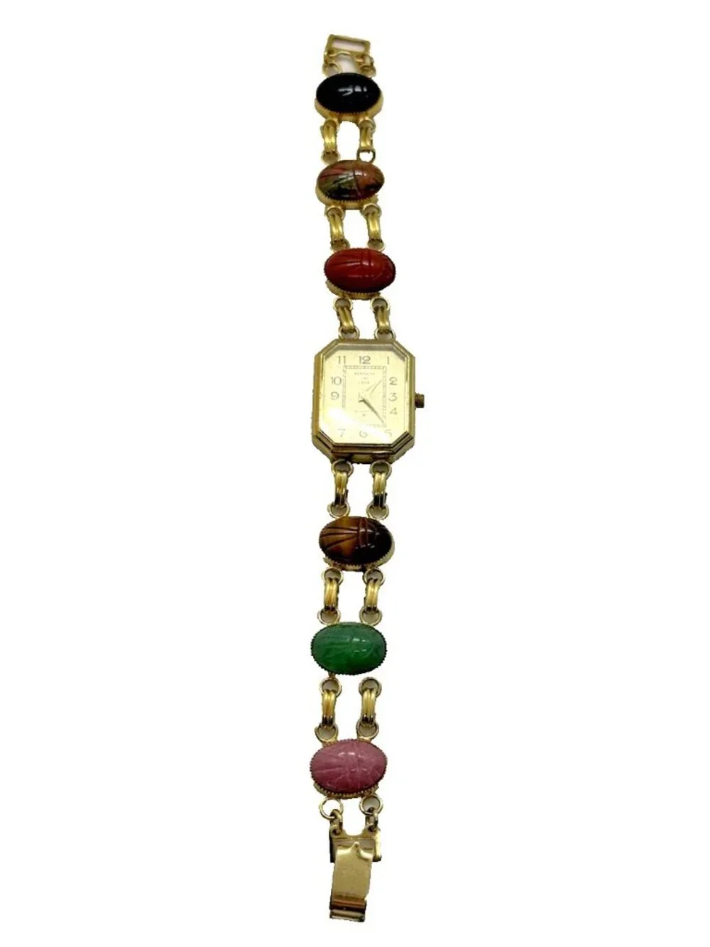 Kenneth Jay Lane Gold Tone Egyptian Scarab Gemstone Link Bracelet Quartz Watch